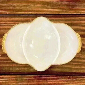 Fire King Milk Glass w/ Gold Trim Relish Dish